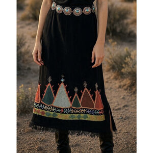 Double D Ranch Yoakum Texas Black Knit Skirt Embroidered Fringe Hem Southwest L